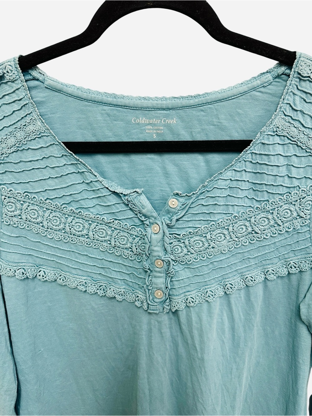 Coldwater Creek ruffle floral lace 100% cotton Henley top in teal Size S - Picture 4 of 9